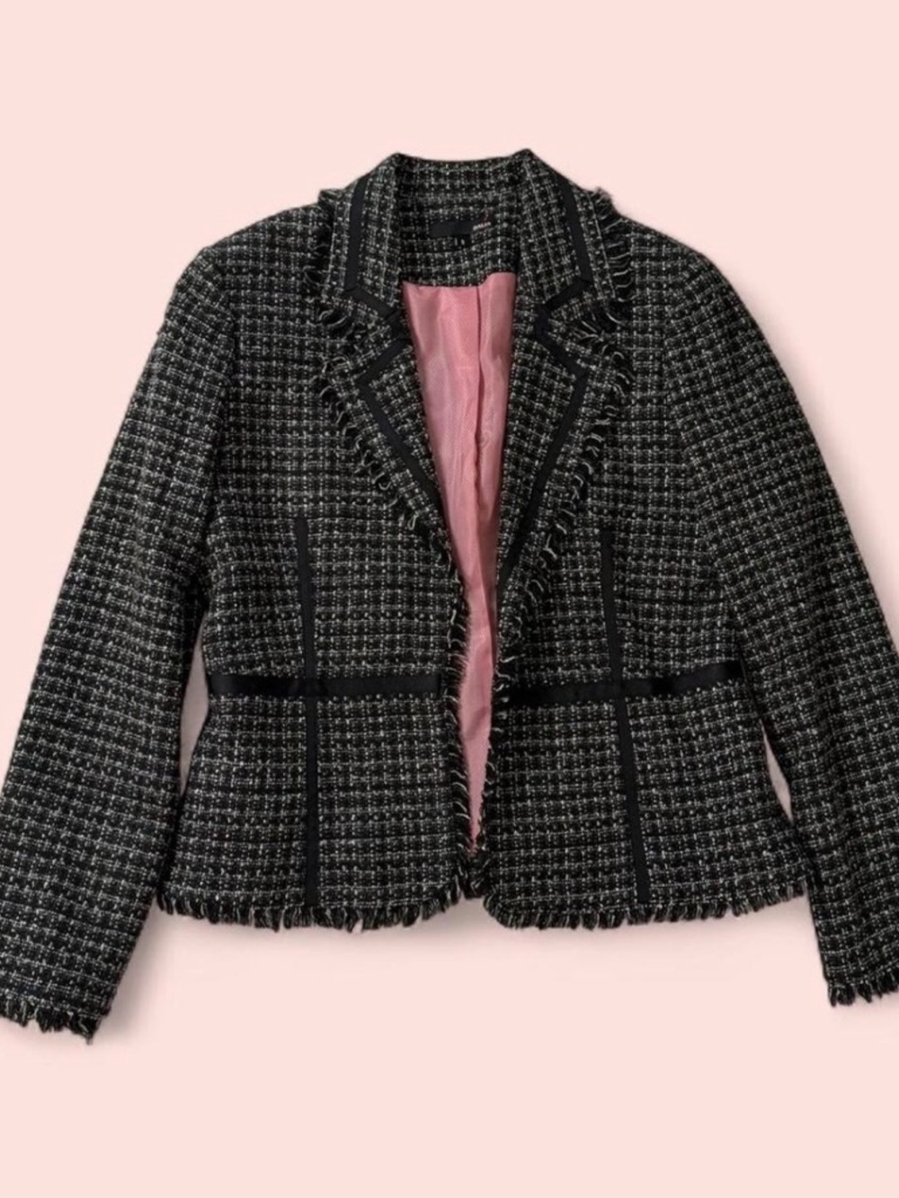 Vintage Black Tweed Frayed Hem Women's Blazer Jacket